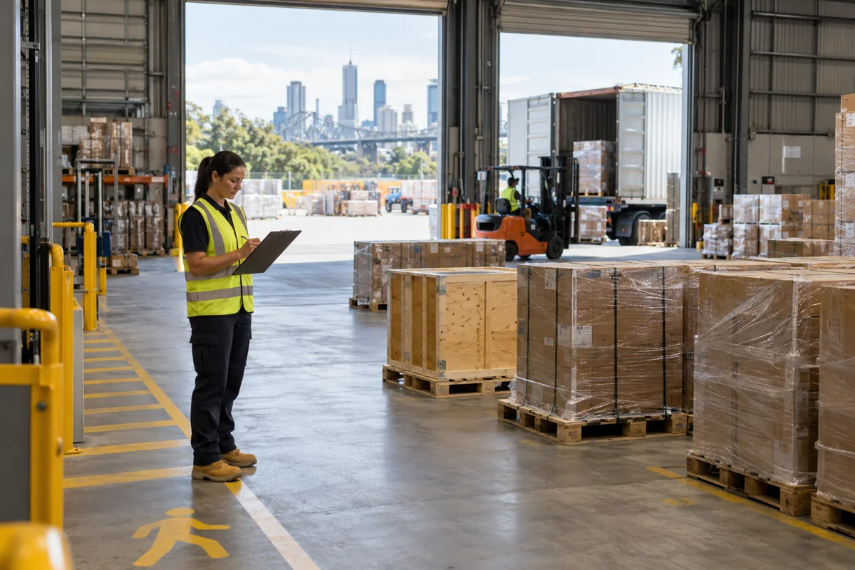 Warehouse coordinator holding a clipboard beside stretch-wrapped pallets